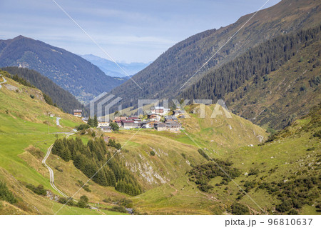 Idyllic landscape of village in Graubunden Canton, Swiss Alps, Switzerland Idyllic landscape of village in Graubunden Canton, Swiss Alps, Switzerland 96810637