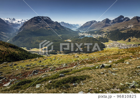 View Above St Moritz from Muottas Muragl of Upper Engadine, Graubunden, Switzerland View Above St Moritz from Muottas Muragl of Upper Engadine, Graubunden, Switzerland 96810825