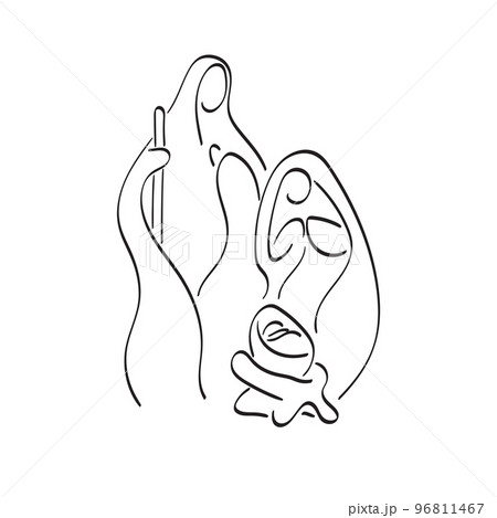 line art nativity scene Joseph marry and baby Jesus illustration vector hand drawn isolated on white background 96811467