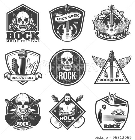 Vintage Monochrome Rock Music Emblems Set 96812069
