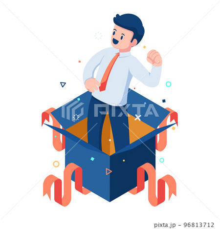 Isometric Businessman Come Out from Cardboard Box 96813712