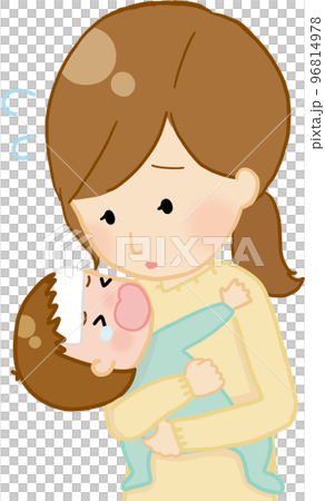 Mom soothes a baby who is displeased with fever 96814978