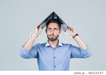 unshaven male employer in formalwear or office manager with computer, broker unshaven male employer in formalwear or office manager with computer, broker 96816347