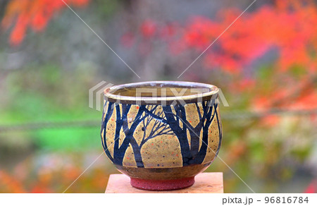 三波渓谷での紅葉と茶盌 96816784