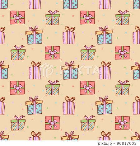 Gift boxes seamless pattern, hand drawn doodle style. Birthday party presents. Flat vector illustration Gift boxes seamless pattern, hand drawn doodle style. Birthday party presents. Flat vector illustration 96817005