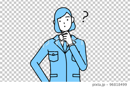 A simple line drawing illustration of a woman wearing work clothes with doubts 96818499