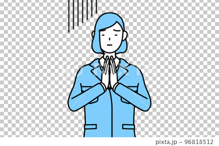 体の前で手を合わせて謝る作業着を着た女性のシンプルな線画イラスト 96818512