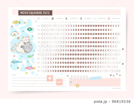 One page 2023 year cute lunar calendar. Modern moon with cartoon cat, moon and fishes. Horizontal poster print for astronomy and astrology practice. 2023 lunar calendar with cute vector cat and moon. 96819336