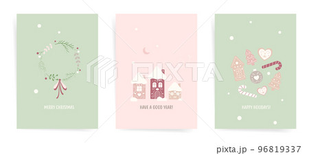 Set of  Merry Christmas and Happy New Year backgrounds, greeting cards, postcards, posters, holiday covers. Design templates with Christmas wreath, gingerbread, heart cookies, snowy house. 96819337