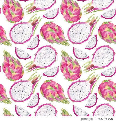 Beautiful seamless pattern with hand drawn watercolor tasty dragon fruit. Healthy vegan food. 96819350