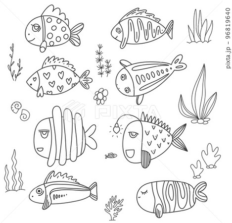 Set with fish on white background. Doodle style. 96819640