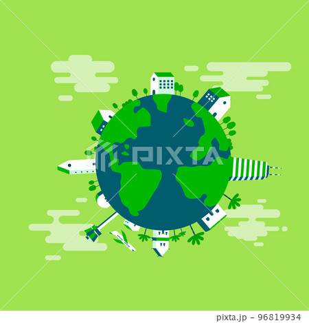 Green city eco planet with clouds background.Global with nature landscape and building.Travel around the earth. 96819934