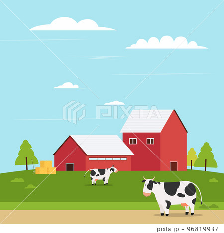 Farmland on hill with cow vector illustration.Farm landscape flat style. Barn with nature landscape. 96819937