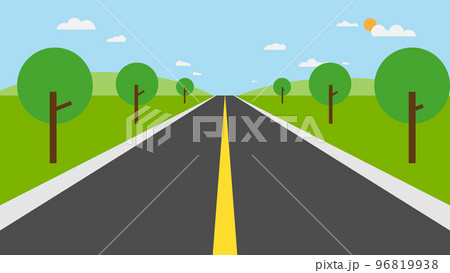 Nature pathway with sky background.Street with field , hills , clouds and trees . Road with nature landscape 96819938