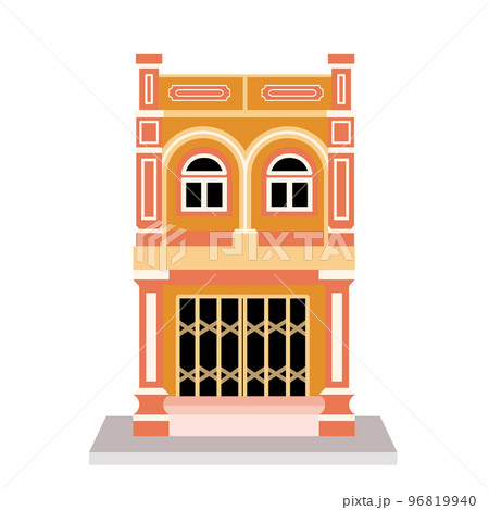 Vintage Shophouse flat vector design.Classic building isolated background.Thai urban facade.Historic Asia house 96819940