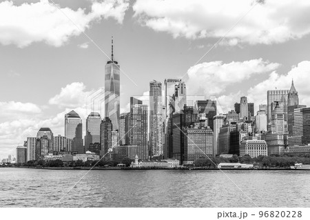 One World Trade Center and skyline panorama of downtown Financial District and the Lower Manhattan in New York, black and white photography One World Trade Center and skyline panorama of downtown Financial District and the Lower Manhattan in New York, black and white photography 96820228