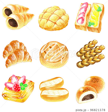 人気の甘い菓子パンの色鉛筆画イラストセット 96821378