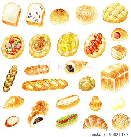 人気の主食パンと総菜パンの色鉛筆画イラストセット 96821379