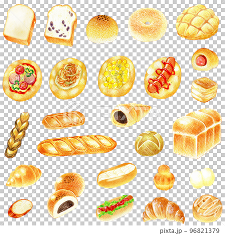 人気の主食パンと総菜パンの色鉛筆画イラストセット 96821379
