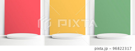 Set of 3D realistic white cylinder podium pedestal Set of 3D realistic white cylinder podium pedestal 96822317