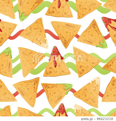 Seamless pattern with nachos on a white background with wavy lines. Traditional Mexican food. Corn chips with salsa, guacamole, cheese. Vector background for wrapping paper, fabric, wallpaper 96823210