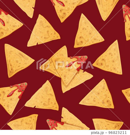 Seamless pattern with nachos on a burgundy background. Traditional Mexican food. Corn chips with salsa. Vector background for wrapping paper, fabric, wallpaper. Latin American cuisine Seamless pattern with nachos on a burgundy background. Traditional Mexican food. Corn chips with salsa. Vector background for wrapping paper, fabric, wallpaper. Latin American cuisine 96823211
