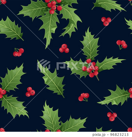 Seamless pattern with holly leaves and berries on a dark background. Christmas and New Year texture. Great for wrapping paper, textiles, wallpapers Seamless pattern with holly leaves and berries on a dark background. Christmas and New Year texture. Great for wrapping paper, textiles, wallpapers 96823213