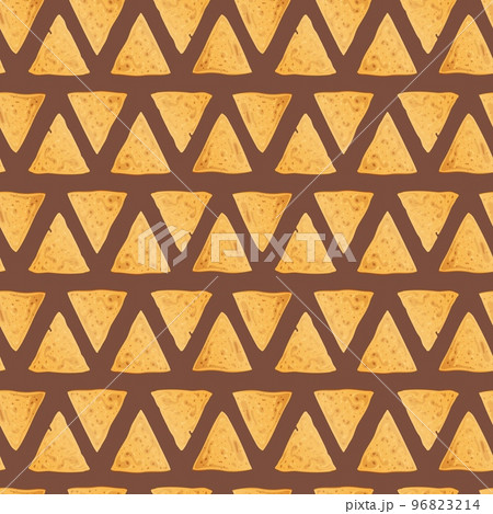Seamless pattern with triangular corn chips on a brown background. Traditional Mexican food. Crispy nachos. Vector geometric background for wrapping paper, fabric, wallpaper. Latin American food Seamless pattern with triangular corn chips on a brown background. Traditional Mexican food. Crispy nachos. Vector geometric background for wrapping paper, fabric, wallpaper. Latin American food 96823214