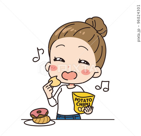 暴食する女性のイラスト　上半身 96824301