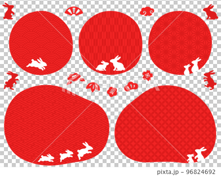 White rabbit silhouette and red circular frame with Japanese pattern and New Year's icon set 96824692