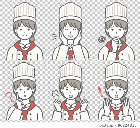 Various facial expressions of a young female cook 96824815