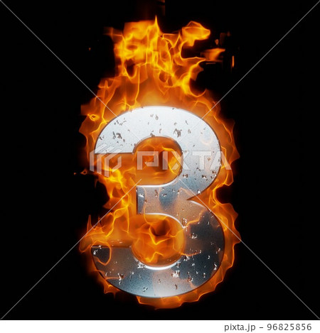 炎をまとった数字の3。燃える文字。 96825856
