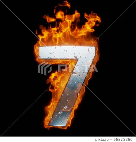 炎をまとった数字の7。燃える文字。 96825860