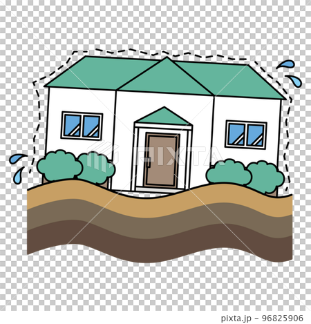 A house that has sunk due to ground subsidence due to liquefaction A house that has sunk due to ground subsidence due to liquefaction 96825906