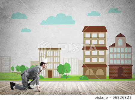 King businessman in elegant suit running and cityscape silhouette at background King businessman in elegant suit running and cityscape silhouette at background 96826322