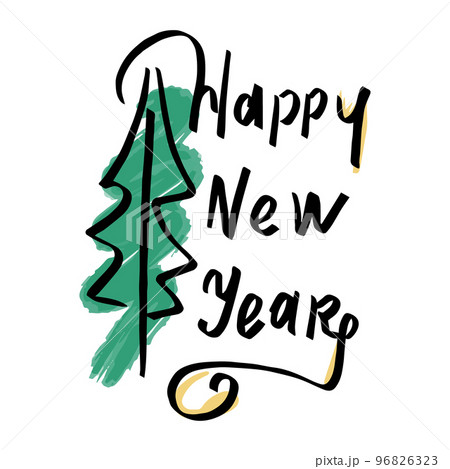 Calligraphic inscription Happy New Year. A beautiful black font with swirls and colored elements. Design template for invitations, postcards, clothes. Isolated background. Vector 96826323