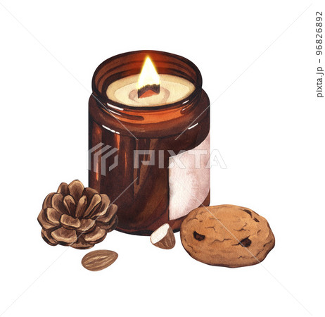 Watercolor Christmas candle brown glass with pine cone decor and cookie. Botanical illustration for design. Hand painted cozy composition great for greeting cards, backgrounds, holiday decor Watercolor Christmas candle brown glass with pine cone decor and cookie. Botanical illustration for design. Hand painted cozy composition great for greeting cards, backgrounds, holiday decor 96826892