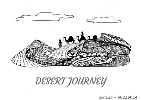 Sand dune journey on camels. Zenart, zentangle vector design 96829014