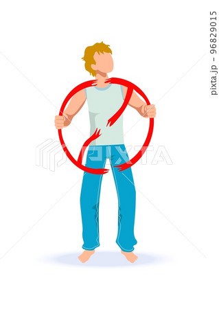 Young man protesting tearing up prohibition sign. Rebellion conc 96829015