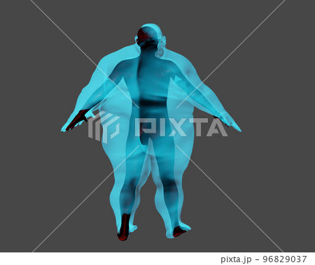 3D render. Athletic man inside an obese body on a gray background. Copy space. 3D render. Athletic man inside an obese body on a gray background. Copy space. 96829037