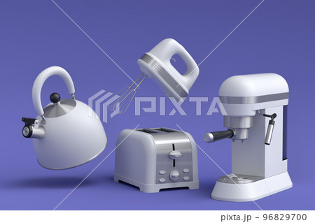 Espresso coffee machine, hand mixer, kettle and toaster on violet background. 96829700