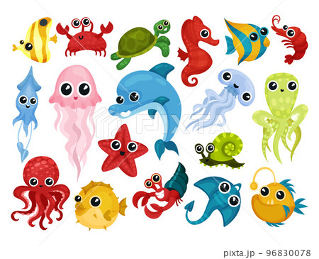 Funny Marine and Sea Animals with Octopus, Crab, Fish and Jellyfish Floating Underwater Vector Set 96830078