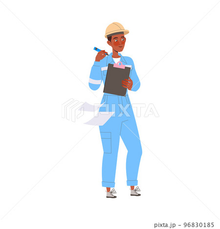 Young Man Engineer or Scientist in Hard Hat and Overall Standing with Clipboard Vector Illustration Young Man Engineer or Scientist in Hard Hat and Overall Standing with Clipboard Vector Illustration 96830185