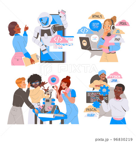 Robotics Programming with Male and Female Engineer Characters Engaged in Artificial Intelligence Development Vector Set 96830219