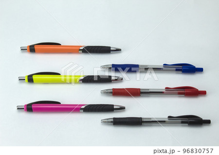 close-up of aligned color pens on a white background close-up of aligned color pens on a white background 96830757