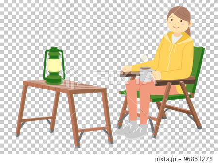 キャンプで椅子に座って休憩する女性のイラスト 96831278