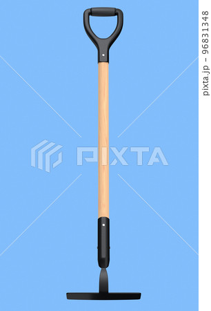 Hoe with wooden stick for planting flowers and vegetables on blue background. Hoe with wooden stick for planting flowers and vegetables on blue background. 96831348