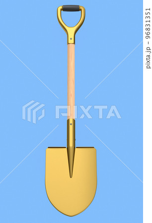 Garden shovel with wooden handle on blue background, summer camping concept Garden shovel with wooden handle on blue background, summer camping concept 96831351