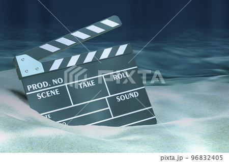 Clapperboard on ocean bottom underwater. Film about underwater world concept, 3D rendering 96832405
