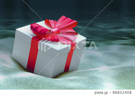 Gift box on ocean bottom underwater, 3D rendering 96832408